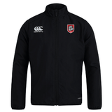 The AG Bulldogs Club Track Jacket by EMB Canterbury is a black lightweight jacket with long sleeves, featuring a white Canterbury logo on the right chest and a red-and-white bulldog crest on the left.