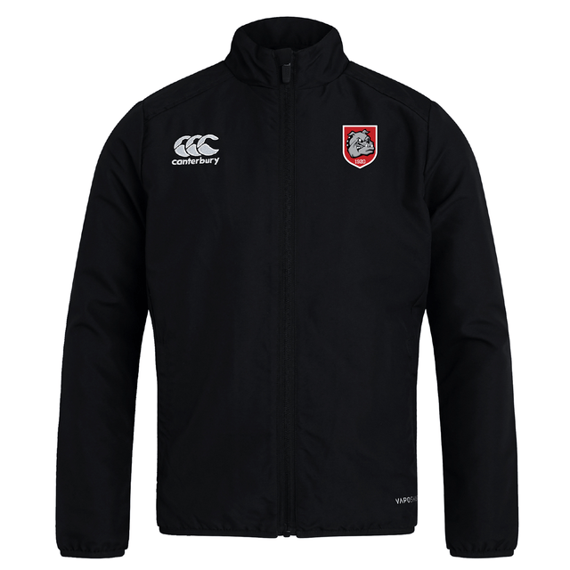 The AG Bulldogs Club Track Jacket by EMB Canterbury is a black lightweight jacket with long sleeves, featuring a white Canterbury logo on the right chest and a red-and-white bulldog crest on the left.