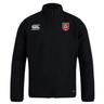 The AG Bulldogs Club Track Jacket by EMB Canterbury is a black lightweight jacket with long sleeves, featuring a white Canterbury logo on the right chest and a red-and-white bulldog crest on the left.