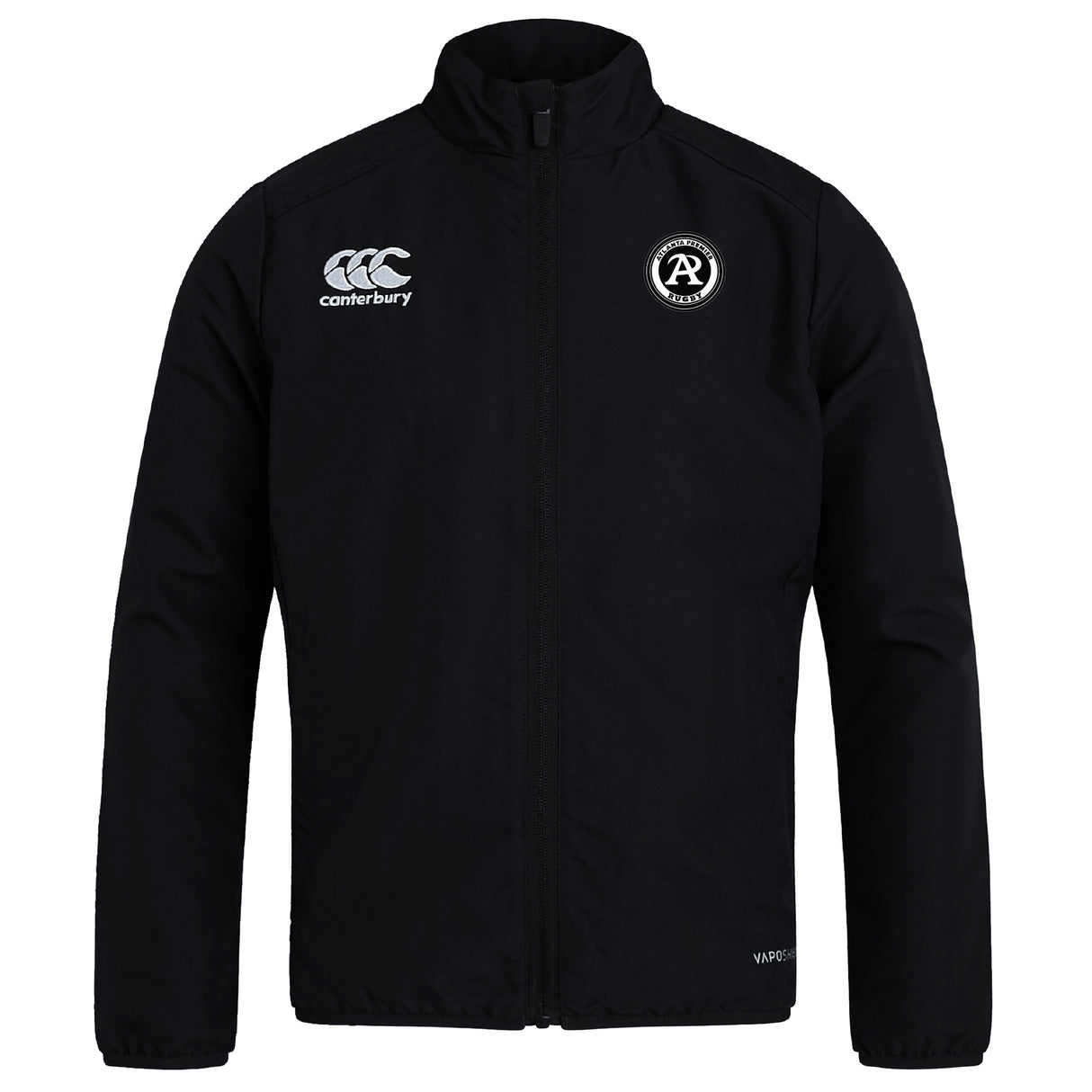 The Atlanta Premier Rugby Club Track Jacket by EMB Canterbury is a lightweight, quick-drying black jacket with long sleeves, a Canterbury logo on the right chest, and a circular "AR" badge on the left—ideal for comfort and performance.