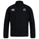 The Atlanta Premier Rugby Club Track Jacket by EMB Canterbury is a lightweight, quick-drying black jacket with long sleeves, a Canterbury logo on the right chest, and a circular "AR" badge on the left—ideal for comfort and performance.