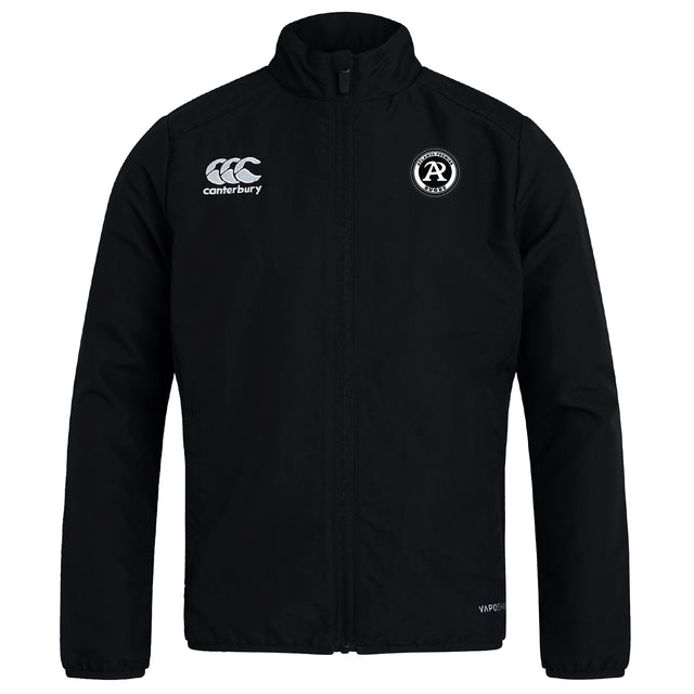 The Atlanta Premier Rugby Club Track Jacket by EMB Canterbury is a lightweight, quick-drying black jacket with long sleeves, a Canterbury logo on the right chest, and a circular "AR" badge on the left—ideal for comfort and performance.