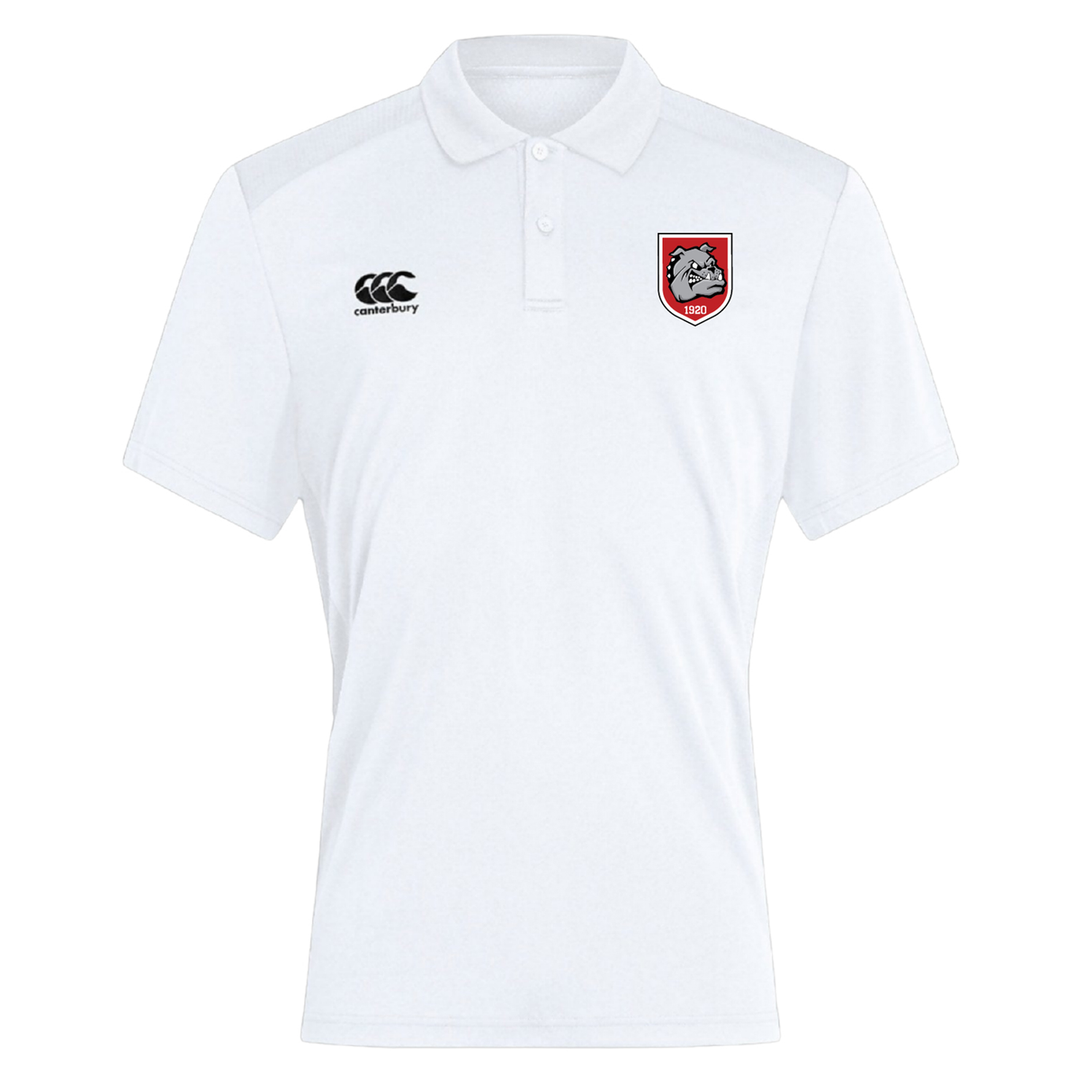 The AG Bulldogs Club Dry Polo by EMB Canterbury is a white, short-sleeved shirt with a black Canterbury logo on the left chest and a red shield rugby emblem featuring a dragon on the right, made with Vapodri Technology for breathable comfort.
