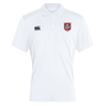 The AG Bulldogs Club Dry Polo by EMB Canterbury is a white, short-sleeved shirt with a black Canterbury logo on the left chest and a red shield rugby emblem featuring a dragon on the right, made with Vapodri Technology for breathable comfort.
