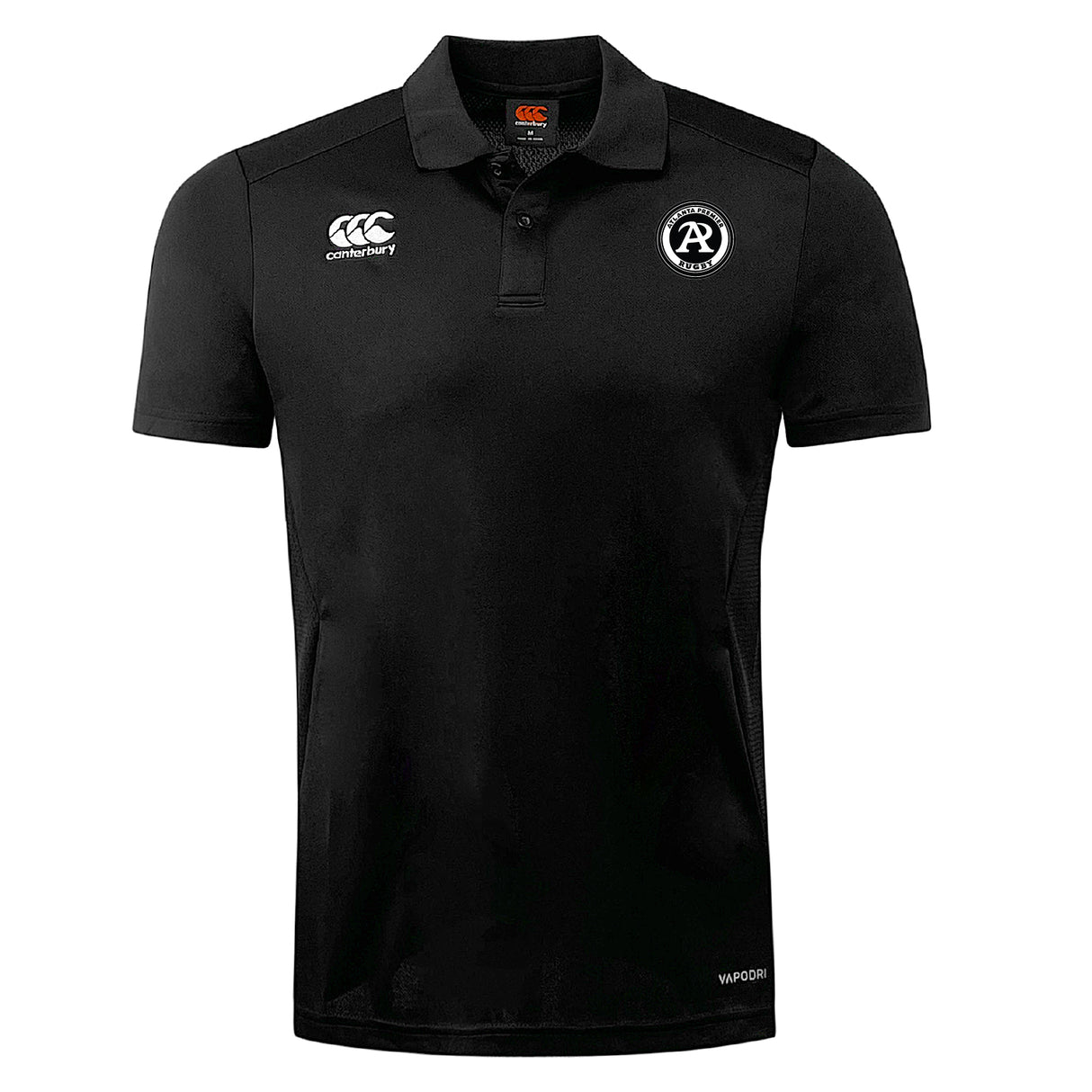 The Atlanta Premier Rugby Club Club Dry Polo by EMB Canterbury is a black short-sleeve polo with chest logos, button-up collar, athletic design, and Vapodri Technology for comfort.