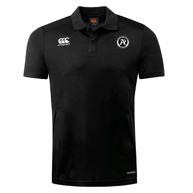 The Atlanta Premier Rugby Club Club Dry Polo by EMB Canterbury is a black short-sleeve polo with chest logos, button-up collar, athletic design, and Vapodri Technology for comfort.