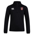 The AG Bulldogs Club 1/4 Zip Mid Layer Training Top by EMB Canterbury features soft black fleece, a Canterbury logo on the right chest, and a red and white Bulldogs crest on the left chest.
