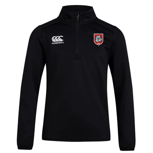 The AG Bulldogs Club 1/4 Zip Mid Layer Training Top by EMB Canterbury features soft black fleece, a Canterbury logo on the right chest, and a red and white Bulldogs crest on the left chest.