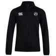 The Atlanta Premier Rugby Club 1/4 Zip Mid Layer Training Top by EMB Canterbury is a black long-sleeve pullover with Canterbury and circular "R" patch logos, perfect for rugby training.