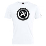 The Atlanta Premier Rugby Club Plain Tee by WRS Canterbury is a white cotton blend shirt with a black and white "Atlanta Premier Rugby" logo featuring a large "A" in the center, offering comfort and classic style.