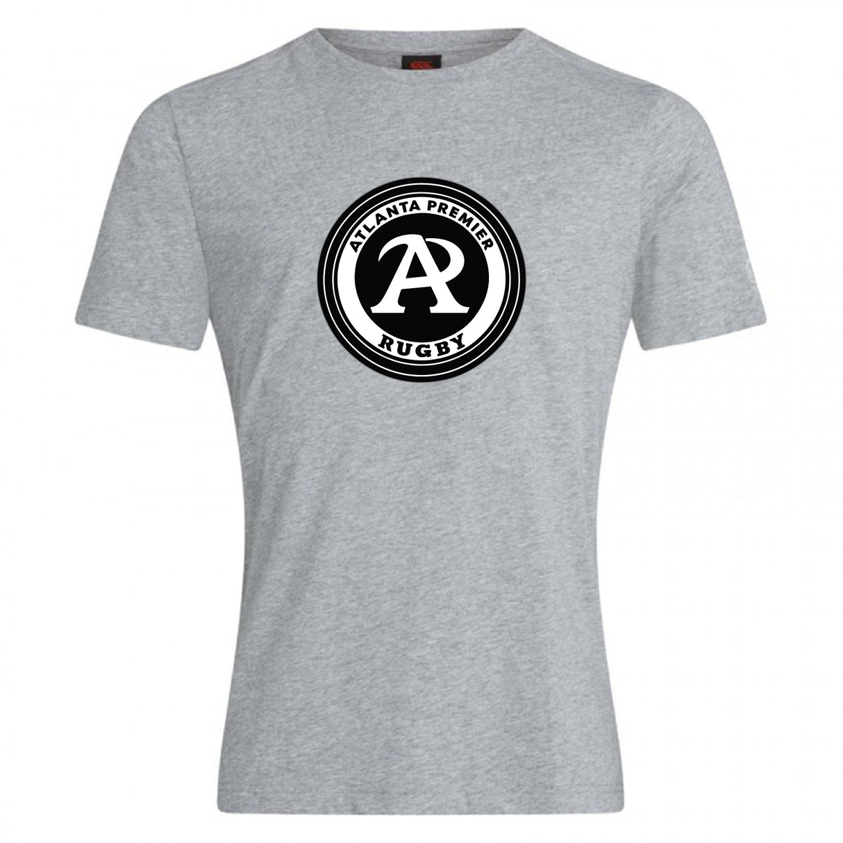 The Atlanta Premier Rugby Club Club Plain Tee by WRS Canterbury is a gray cotton blend shirt with a circular black and white "Atlanta Premier Rugby" logo featuring a large "A" in the center on the chest.