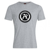 The Atlanta Premier Rugby Club Club Plain Tee by WRS Canterbury is a gray cotton blend shirt with a circular black and white "Atlanta Premier Rugby" logo featuring a large "A" in the center on the chest.