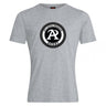 The Atlanta Premier Rugby Club Club Plain Tee by WRS Canterbury is a gray cotton blend shirt with a circular black and white "Atlanta Premier Rugby" logo featuring a large "A" in the center on the chest.
