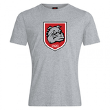 The AG Bulldogs Club Plain Tee by Canterbury from WRS Canterbury is a gray cotton blend t-shirt with a red and white shield, bulldog graphic, and "1920" on the front—ideal for fans or as part of your CCC Club Plain T-shirt collection.
