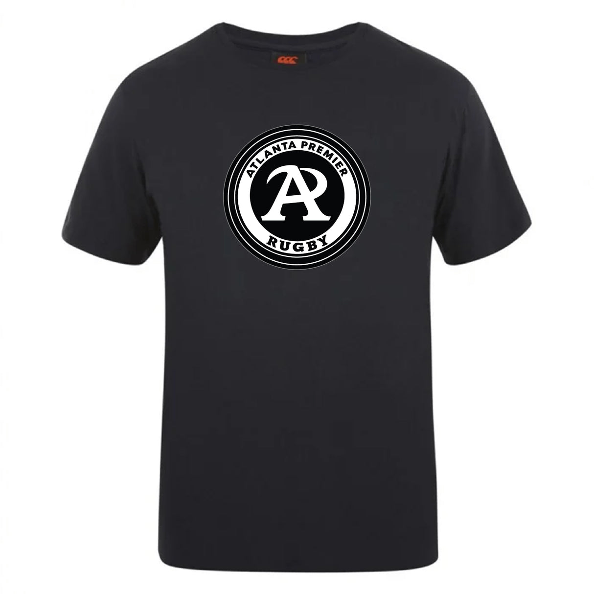 The Atlanta Premier Rugby Club Plain Tee by WRS Canterbury is a black cotton blend shirt featuring a front circular "Atlanta Premier Rugby" logo with a bold "A" at the center.