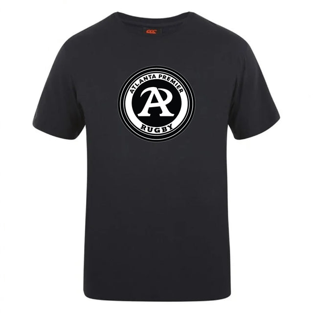 The Atlanta Premier Rugby Club Plain Tee by WRS Canterbury is a black cotton blend shirt featuring a front circular "Atlanta Premier Rugby" logo with a bold "A" at the center.