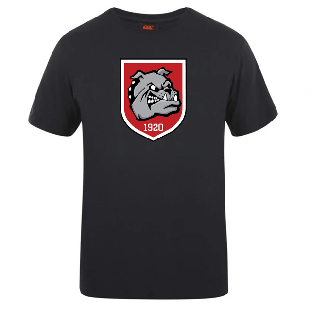 The AG Bulldogs Club Plain Tee by WRS Canterbury is a black cotton blend T-shirt featuring a shield emblem with a snarling bulldog and "1920" printed on a red background at the center of the chest.