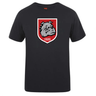 The AG Bulldogs Club Plain Tee by WRS Canterbury is a black cotton blend T-shirt featuring a shield emblem with a snarling bulldog and "1920" printed on a red background at the center of the chest.