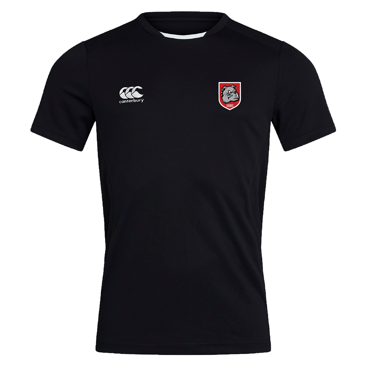 The AG Bulldogs Club Dry Tee by EMB Canterbury is a black workout T-shirt with a white Canterbury logo on the right chest and a red and white wolf emblem patch on the left.