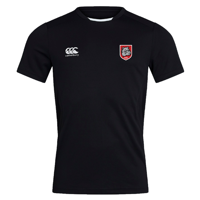 The AG Bulldogs Club Dry Tee by EMB Canterbury is a black workout T-shirt with a white Canterbury logo on the right chest and a red and white wolf emblem patch on the left.