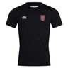 The AG Bulldogs Club Dry Tee by EMB Canterbury is a black workout T-shirt with a white Canterbury logo on the right chest and a red and white wolf emblem patch on the left.