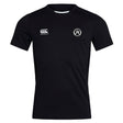 The Atlanta Premier Rugby Club Club Dry Tee by EMB Canterbury is a black short-sleeved, round-neck t-shirt with a Canterbury logo on the right chest and "AR" emblem on the left, featuring breathable Vapodri Technology for comfort.