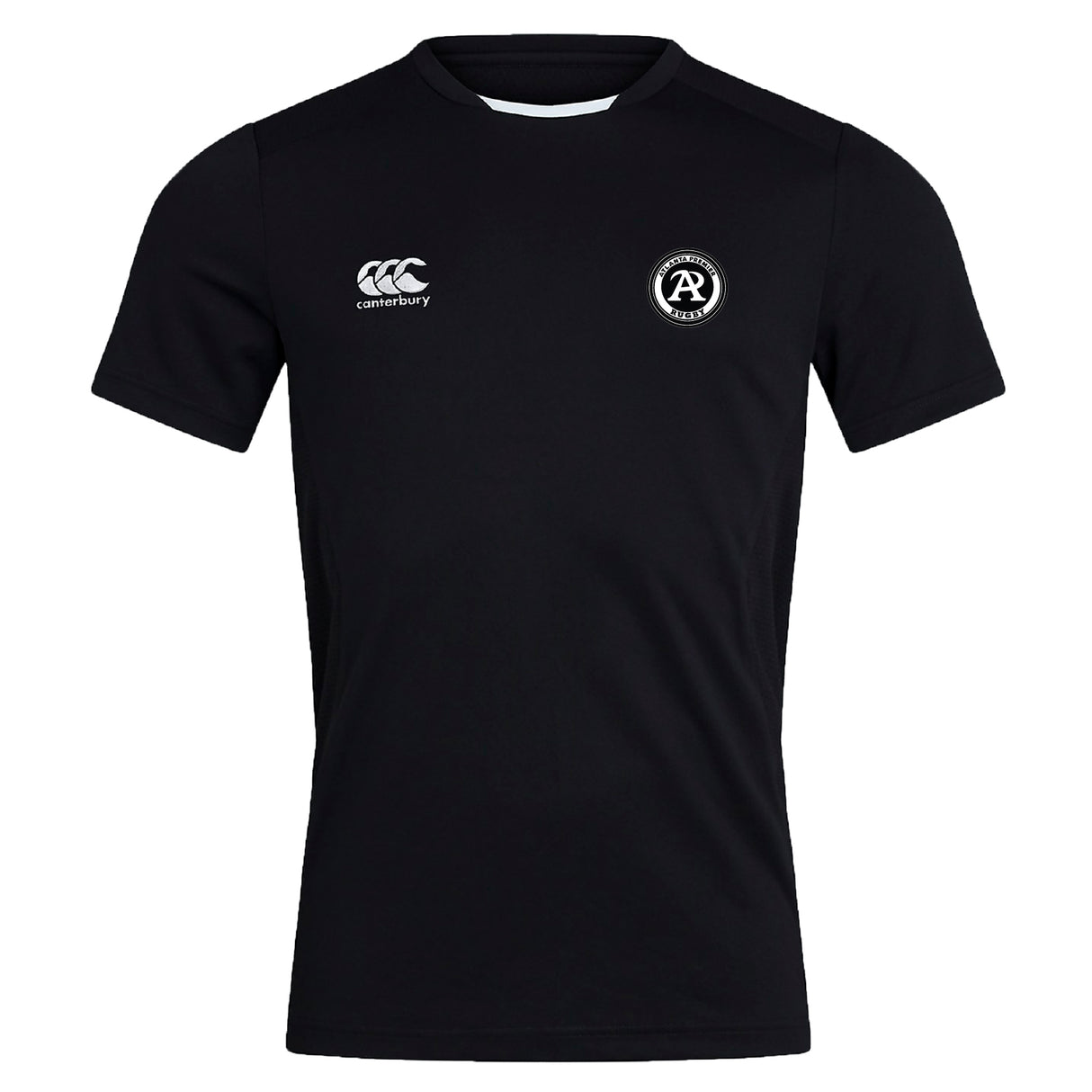 The Atlanta Premier Rugby Club Club Dry Tee by EMB Canterbury is a black short-sleeved, round-neck t-shirt with a Canterbury logo on the right chest and "AR" emblem on the left, featuring breathable Vapodri Technology for comfort.