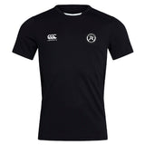The Atlanta Premier Rugby Club Club Dry Tee by EMB Canterbury is a black short-sleeved, round-neck t-shirt with a Canterbury logo on the right chest and "AR" emblem on the left, featuring breathable Vapodri Technology for comfort.