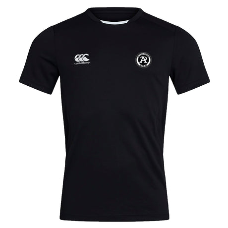 The Atlanta Premier Rugby Club Club Dry Tee by EMB Canterbury is a black short-sleeved, round-neck t-shirt with a Canterbury logo on the right chest and "AR" emblem on the left, featuring breathable Vapodri Technology for comfort.