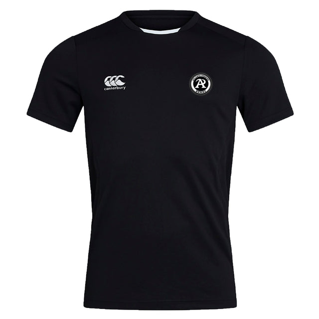 The Atlanta Premier Rugby Club Club Dry Tee by EMB Canterbury is a black short-sleeved, round-neck t-shirt with a Canterbury logo on the right chest and "AR" emblem on the left, featuring breathable Vapodri Technology for comfort.