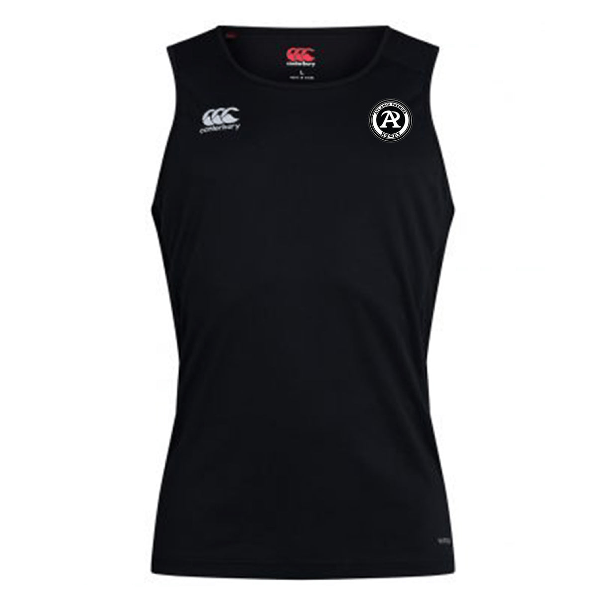 The Atlanta Premier Rugby Club Club Dry Singlet by EMB Canterbury features Vapodri Technology, a black design, a white Canterbury logo on the right chest, and an "AR" badge on the left—perfect for workouts.