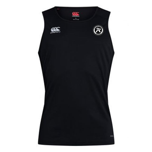 The Atlanta Premier Rugby Club Club Dry Singlet by EMB Canterbury features Vapodri Technology, a black design, a white Canterbury logo on the right chest, and an "AR" badge on the left—perfect for workouts.