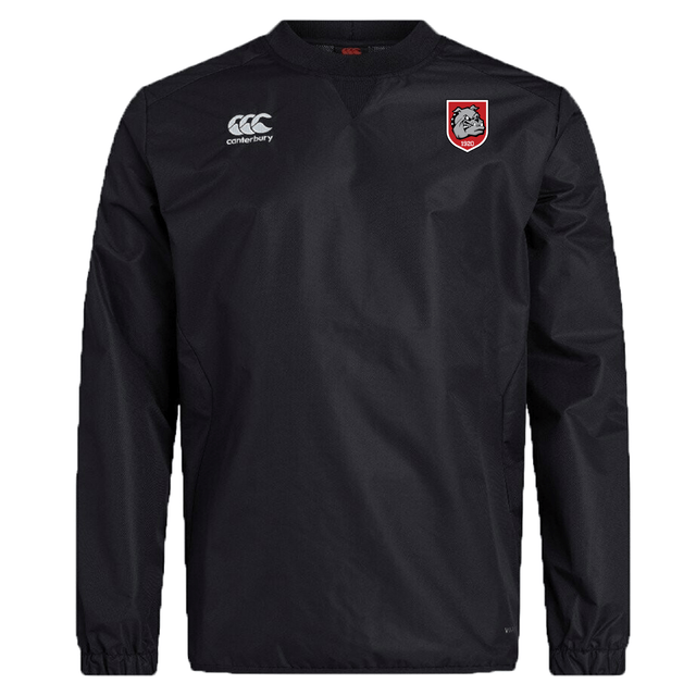 The AG Bulldogs Club Vaposhield Contact Top by EMB Canterbury features a black long sleeve design, Canterbury logo on the right chest, and a red-and-white dragon crest on the left, crafted with Vaposhield technology for enhanced performance.