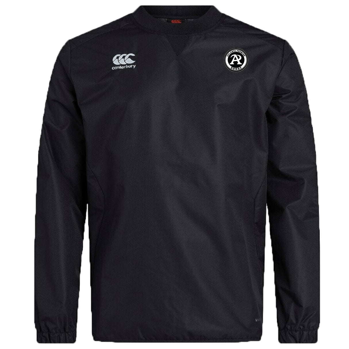 The Atlanta Premier Rugby Club Vaposhield Contact Top by EMB Canterbury is a black long-sleeve pullover featuring the Canterbury logo on the right chest and a round team emblem on the left—perfect as a custom rugby top.