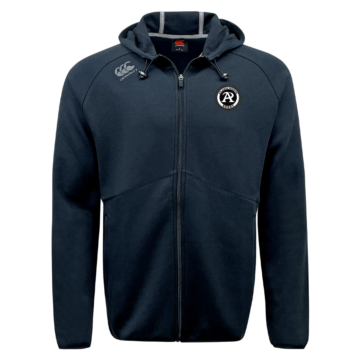 The EMB Canterbury Atlanta Premier Rugby Club Tempo Vapodri Full-Zip Hoodie is black, features a hood and two chest logos, and uses moisture-wicking tech for comfort—all shown on a white background.