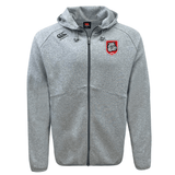 The AG Bulldogs Tempo Vapodri Full-Zip Hoodie by EMB Canterbury is a gray hoodie with a black Canterbury logo on the right chest and a red-and-white dragon emblem on the left. Its moisture-wicking fabric keeps you comfortable in any activity.