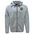 The Atlanta Premier Rugby Club Tempo Vapodri Full-Zip Hoodie by EMB Canterbury features a light grey design, hood, two front pockets, black circular logo on the left chest, white logo on the right shoulder, and moisture-wicking fabric for all-day comfort.