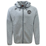 The Atlanta Premier Rugby Club Tempo Vapodri Full-Zip Hoodie by EMB Canterbury features a light grey design, hood, two front pockets, black circular logo on the left chest, white logo on the right shoulder, and moisture-wicking fabric for all-day comfort.