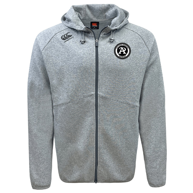 The Atlanta Premier Rugby Club Tempo Vapodri Full-Zip Hoodie by EMB Canterbury features a light grey design, hood, two front pockets, black circular logo on the left chest, white logo on the right shoulder, and moisture-wicking fabric for all-day comfort.