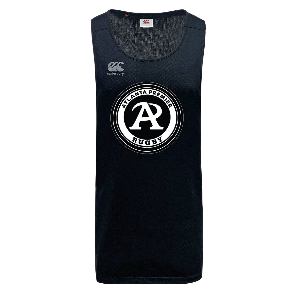The Atlanta Premier Rugby Club Tempo Vapodri Singlet by WRS Canterbury is a black sleeveless top made from recycled polyester, featuring VapoDri tech, the club logo, and white Canterbury branding on the upper right.