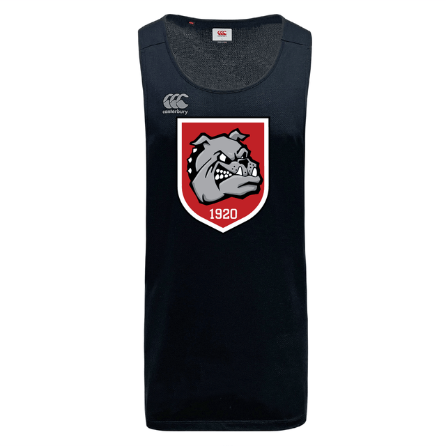 The AG Bulldogs Tempo Vapodri Singlet by WRS Canterbury is a sleeveless black athletic tank with a bold bulldog logo and "1920" on the chest, Canterbury logo on the right shoulder, made from recycled polyester for sustainable performance.