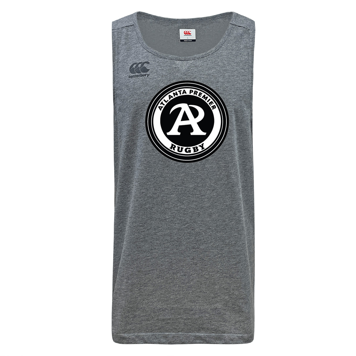Gray Tempo Vapodri Singlet by WRS Canterbury, made from recycled polyester, features the Atlanta Premier Rugby Club logo in black and white on the chest and CCC branding on the upper left.