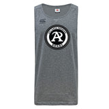 Gray Tempo Vapodri Singlet by WRS Canterbury, made from recycled polyester, features the Atlanta Premier Rugby Club logo in black and white on the chest and CCC branding on the upper left.
