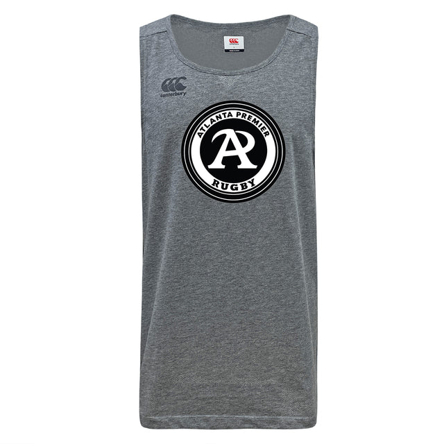 Gray Tempo Vapodri Singlet by WRS Canterbury, made from recycled polyester, features the Atlanta Premier Rugby Club logo in black and white on the chest and CCC branding on the upper left.