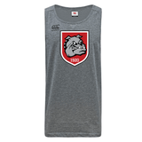 The AG Bulldogs Tempo Vapodri Singlet by WRS Canterbury is a gray sleeveless top with a bulldog logo and "1920" on a red shield, made from recycled polyester for eco-friendly, high-performance athletics.