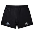 The Atlanta Premier Rugby Club Women's Yokohama Shorts by EMB Canterbury are black with a white Canterbury logo on the left leg and a circular "AR RUGBY" badge on the right, shown against a plain background.