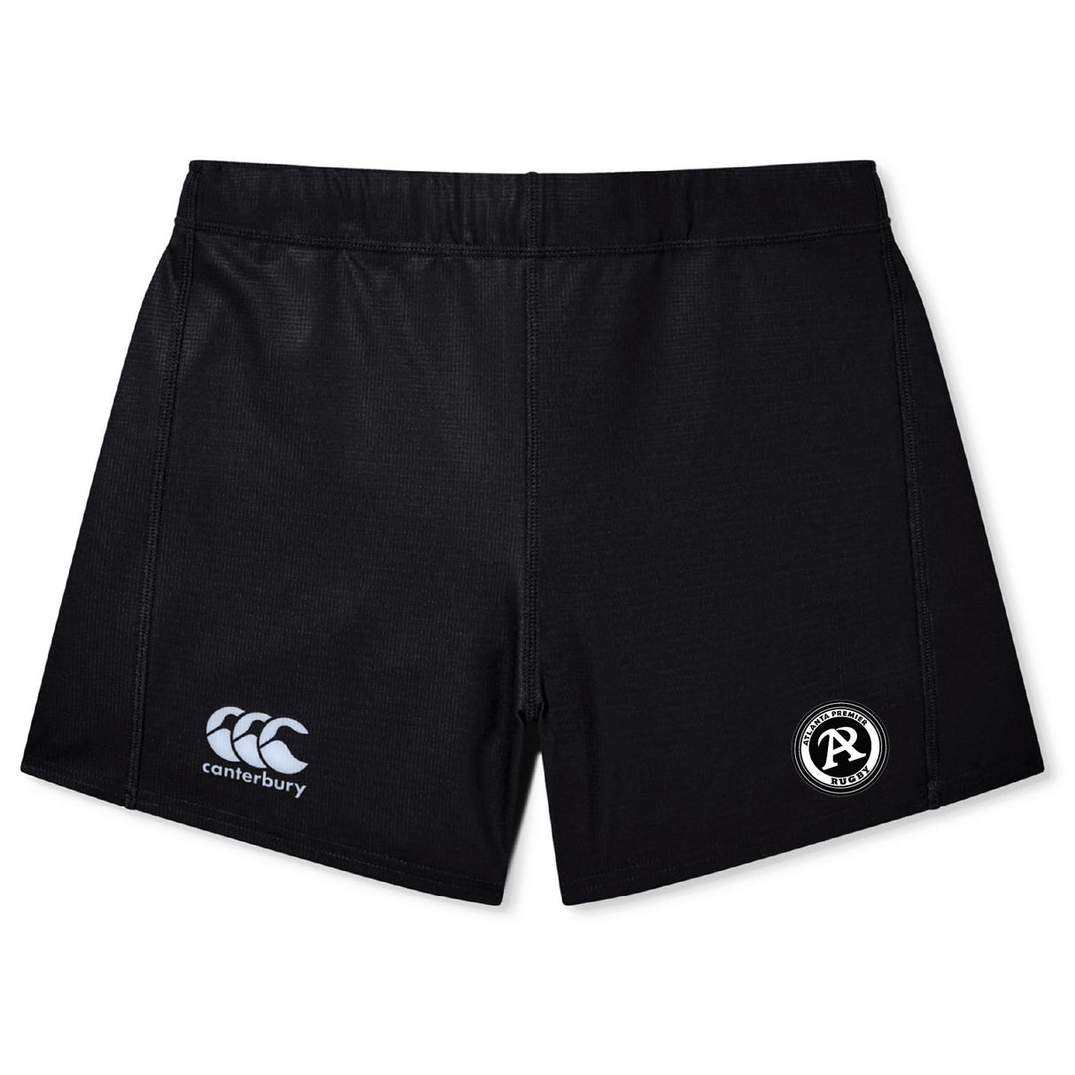 The Atlanta Premier Rugby Club Women's Yokohama Shorts by EMB Canterbury are black with a white Canterbury logo on the left leg and a circular "AR RUGBY" badge on the right, shown against a plain background.