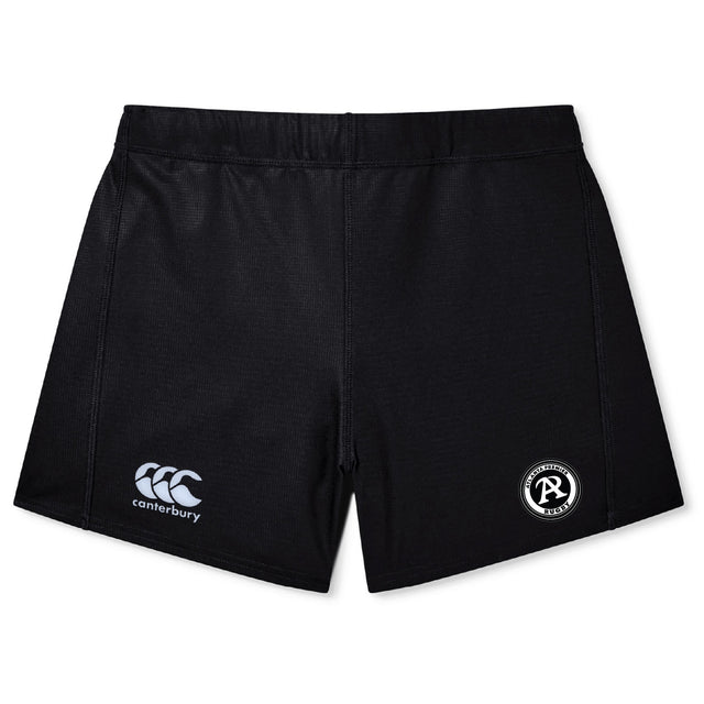 The Atlanta Premier Rugby Club Women's Yokohama Shorts by EMB Canterbury are black with a white Canterbury logo on the left leg and a circular "AR RUGBY" badge on the right, shown against a plain background.