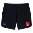 The AG Bulldogs Women's Elite Woven Short by EMB Canterbury features zippered pockets, a white Canterbury logo on the left leg, and a red/white bulldog crest—perfect women's gym shorts for workouts or casual wear.