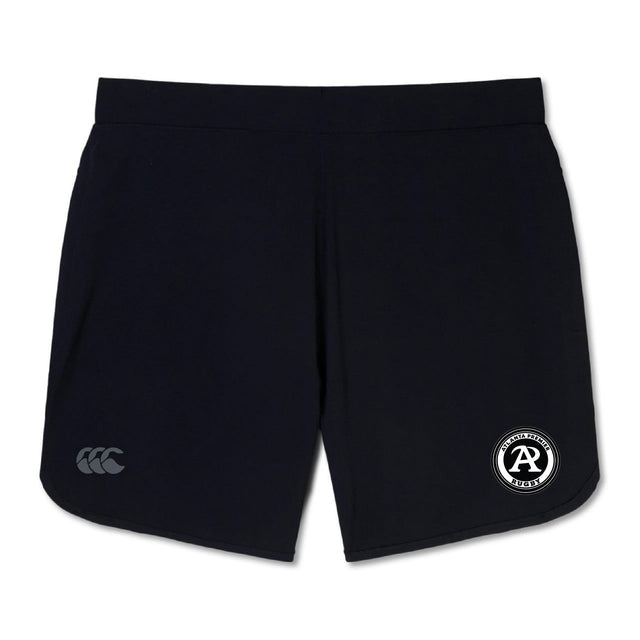 The Atlanta Premier Rugby Club Women's Elite Woven Short by EMB Canterbury features black fabric, zippered pockets, a Canterbury logo on the left leg, and a circular Arlington Rugby logo on the right leg.